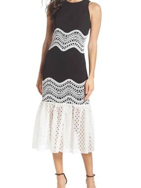 Harlyn Sleeveless Black Midi Dress with White Crochet Paneling worn once